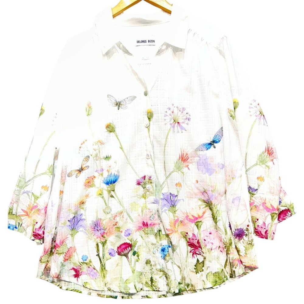 Delores Bizon Women Button Down Blouse Long Sleeve Sz XL White Watercolor Floral